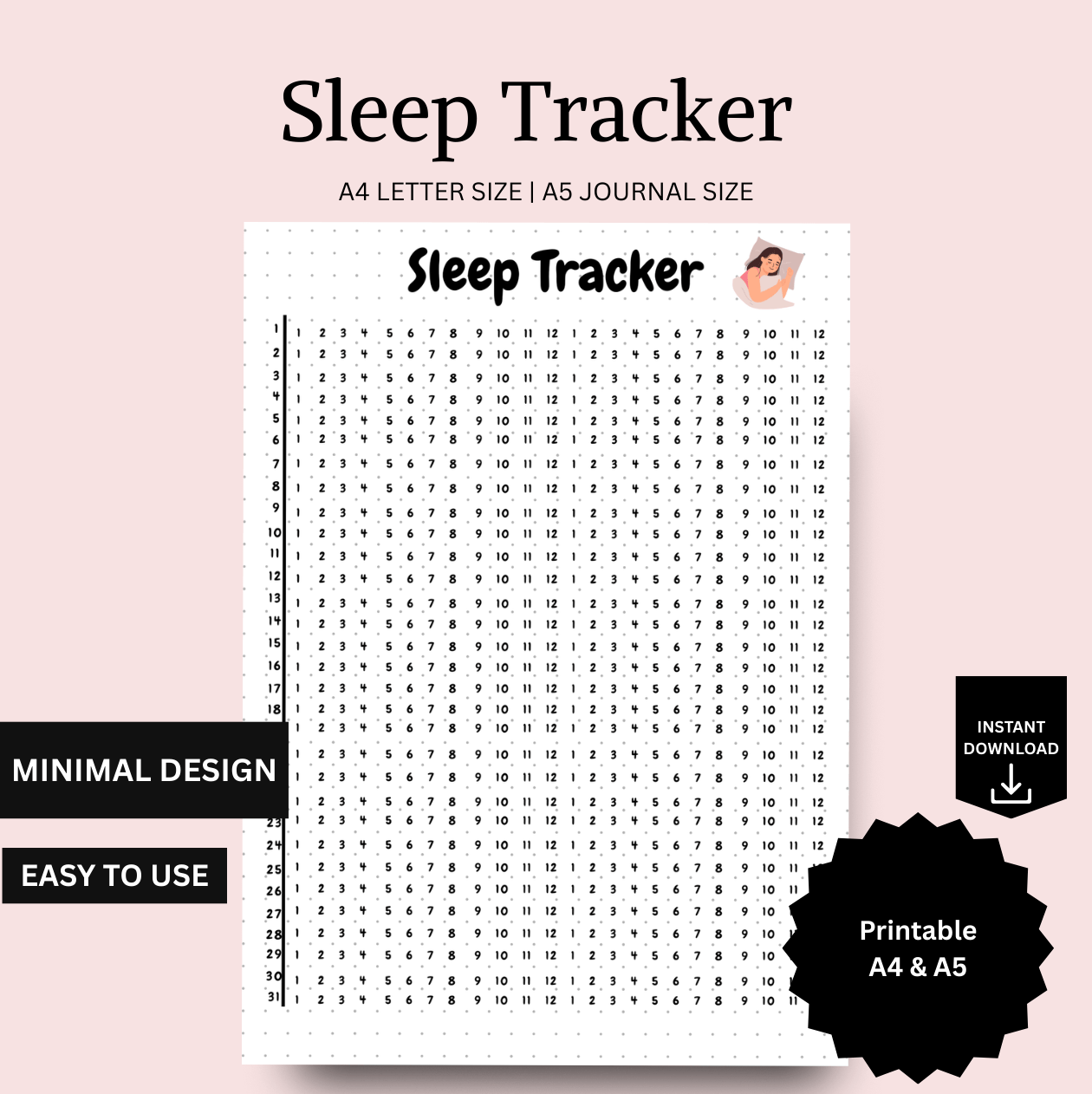 Printable sleep tracker template for daily logging, designed for A4 and A5 journal sizes. Minimalist layout